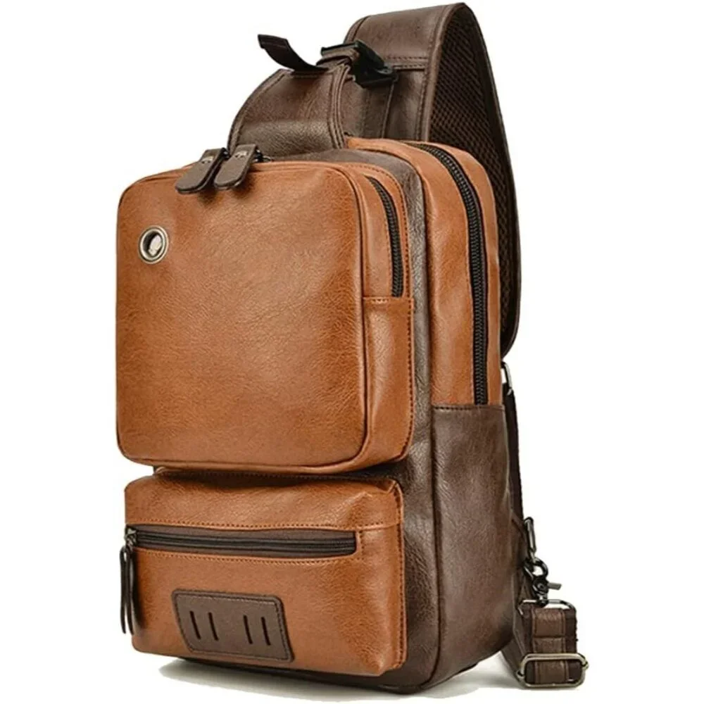💫 Men Brown Vintage Leather Sling Crossbody Chest Backpack Travel Bags